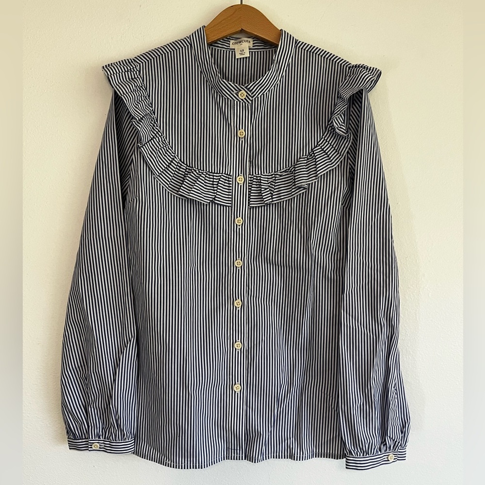 NWT J. Crew Crewcuts Girl’s Blue and White Striped Ruffle Long Sleeve Button Up